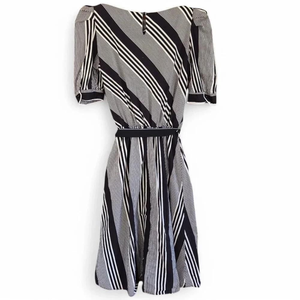 Vintage Brown & White Striped Midi Dress | Handmade 1980s Elastic Waist - Picture 7 of 16